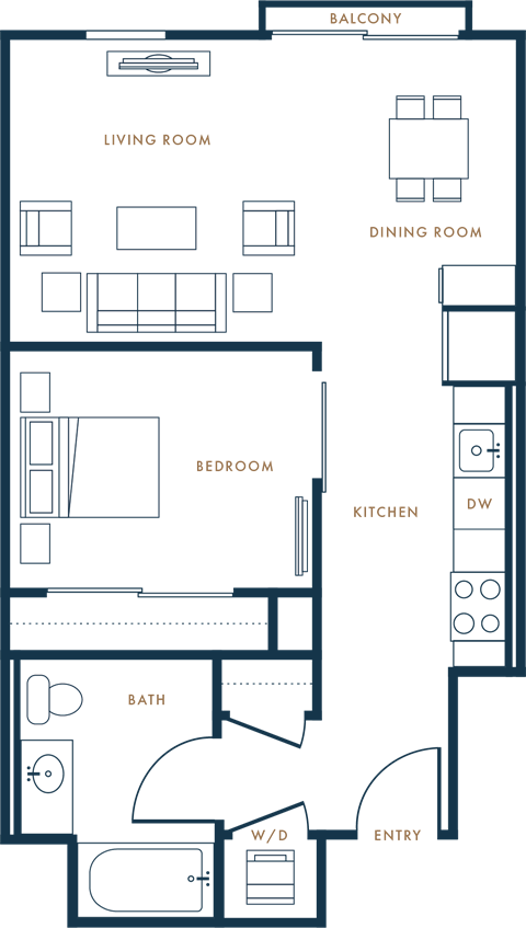 Floor plan for 1 bed, 1 bath, 622 sqft